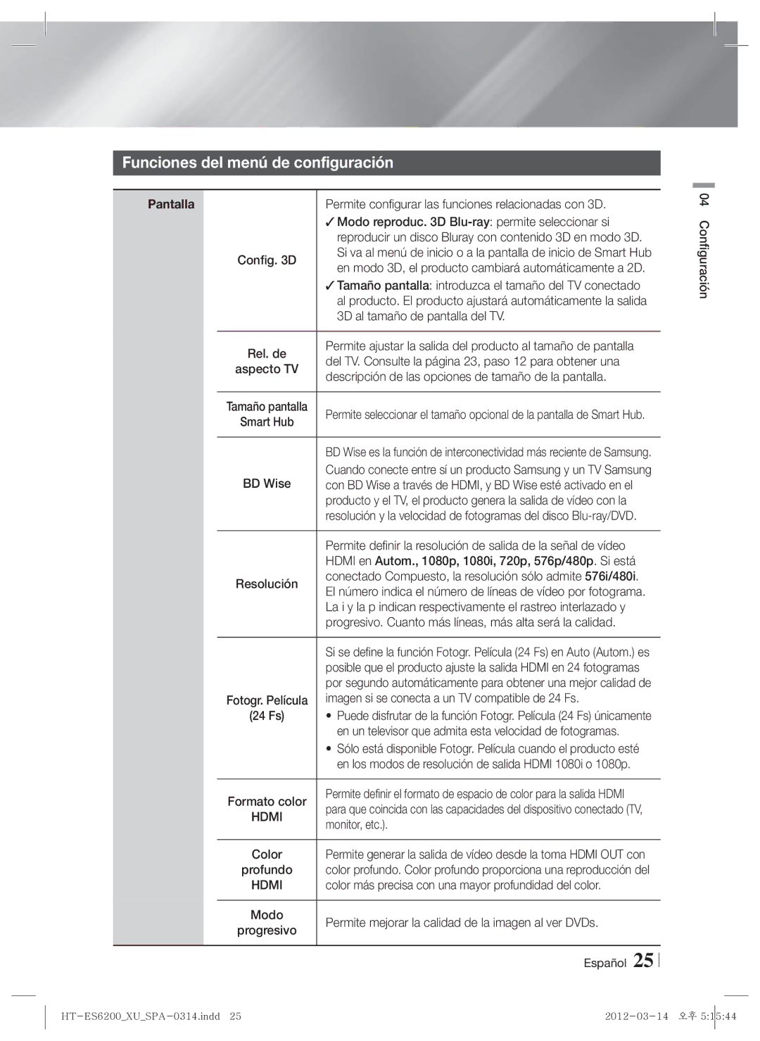 Samsung HT-ES6600/ZF, HT-ES6200/ZF manual Funciones del menú de configuración, Pantalla 