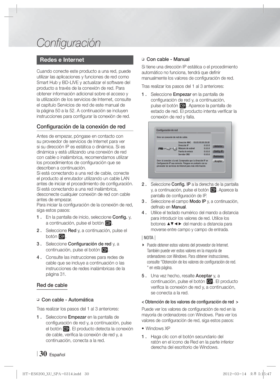 Samsung HT-ES6200/ZF, HT-ES6600/ZF Redes e Internet, Configuración de la conexión de red, Red de cable, Con cable Manual 