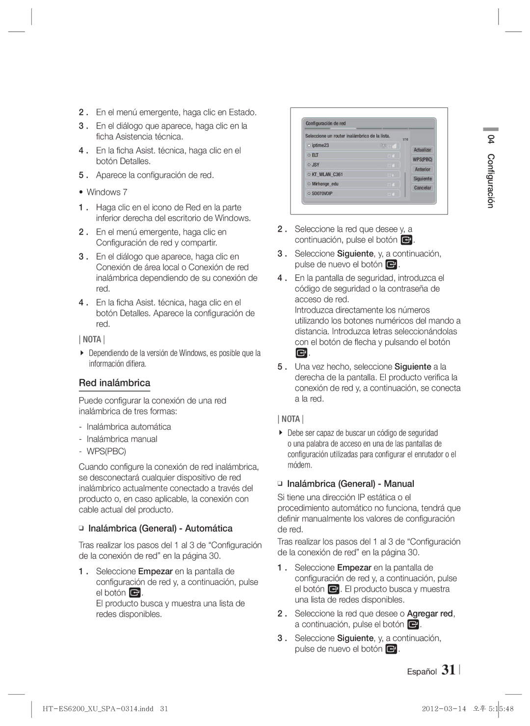 Samsung HT-ES6600/ZF, HT-ES6200/ZF manual Red inalámbrica, Inalámbrica General Automática 