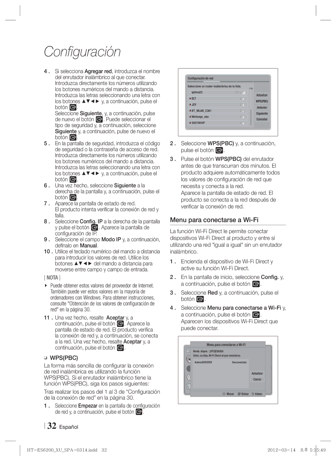 Samsung HT-ES6200/ZF, HT-ES6600/ZF manual Menu para conectarse a Wi-Fi, Seleccione Config. IP a la derecha de la pantalla 