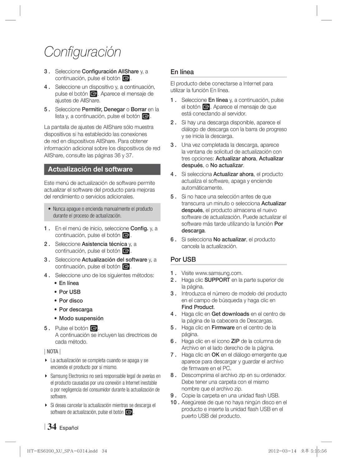 Samsung HT-ES6200/ZF manual Actualización del software, En línea, Por USB, Haga clic en Firmware en el centro de la página 