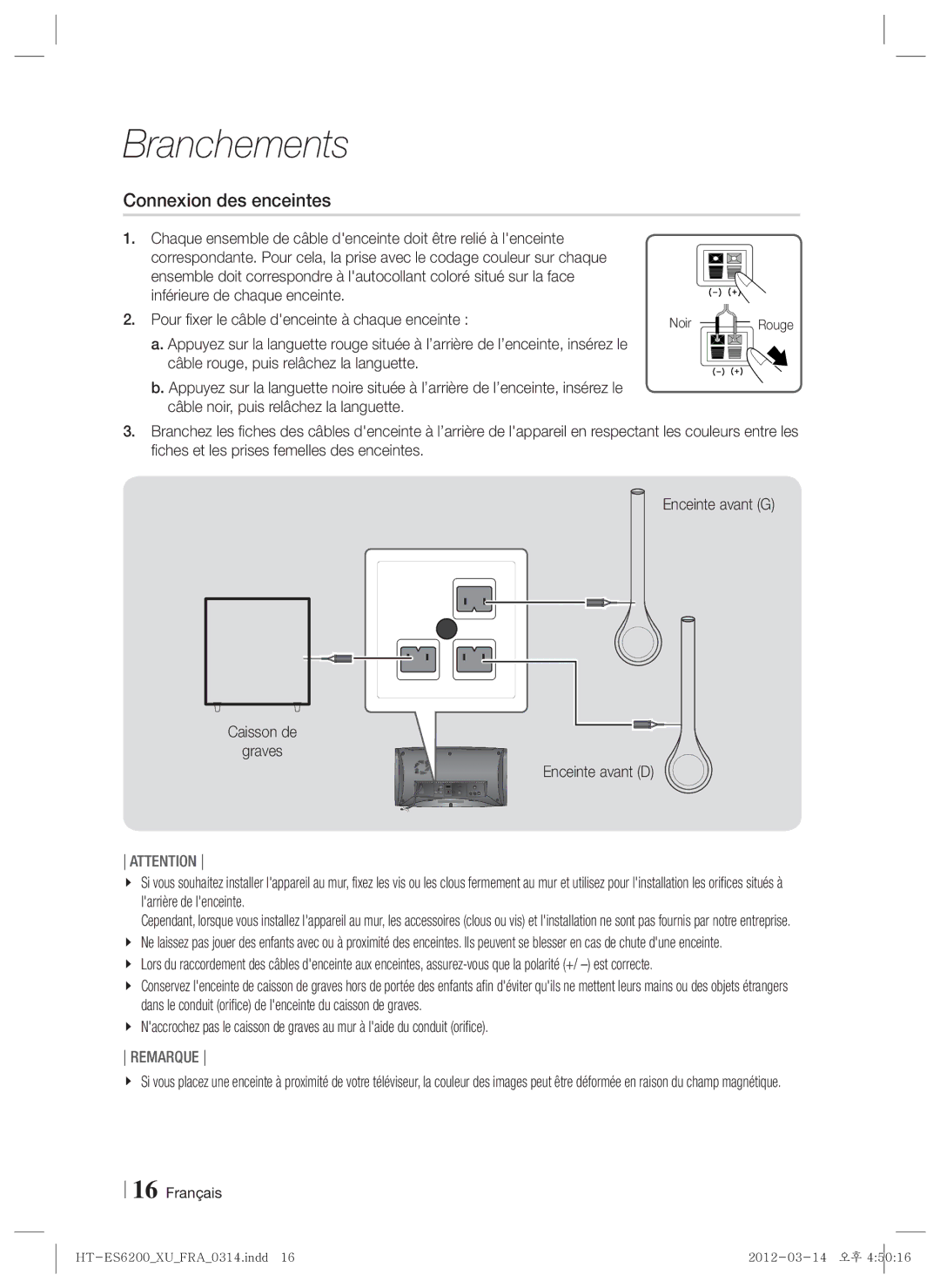 Samsung HT-ES6200/ZF, HT-ES6600/ZF manual Connexion des enceintes, Câble rouge, puis relâchez la languette, Rouge 