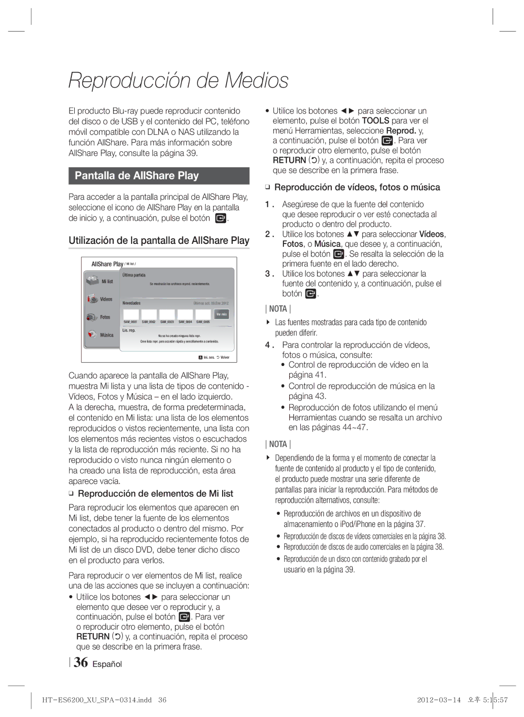 Samsung HT-ES6200/ZF manual Reproducción de Medios, Pantalla de AllShare Play, Utilización de la pantalla de AllShare Play 