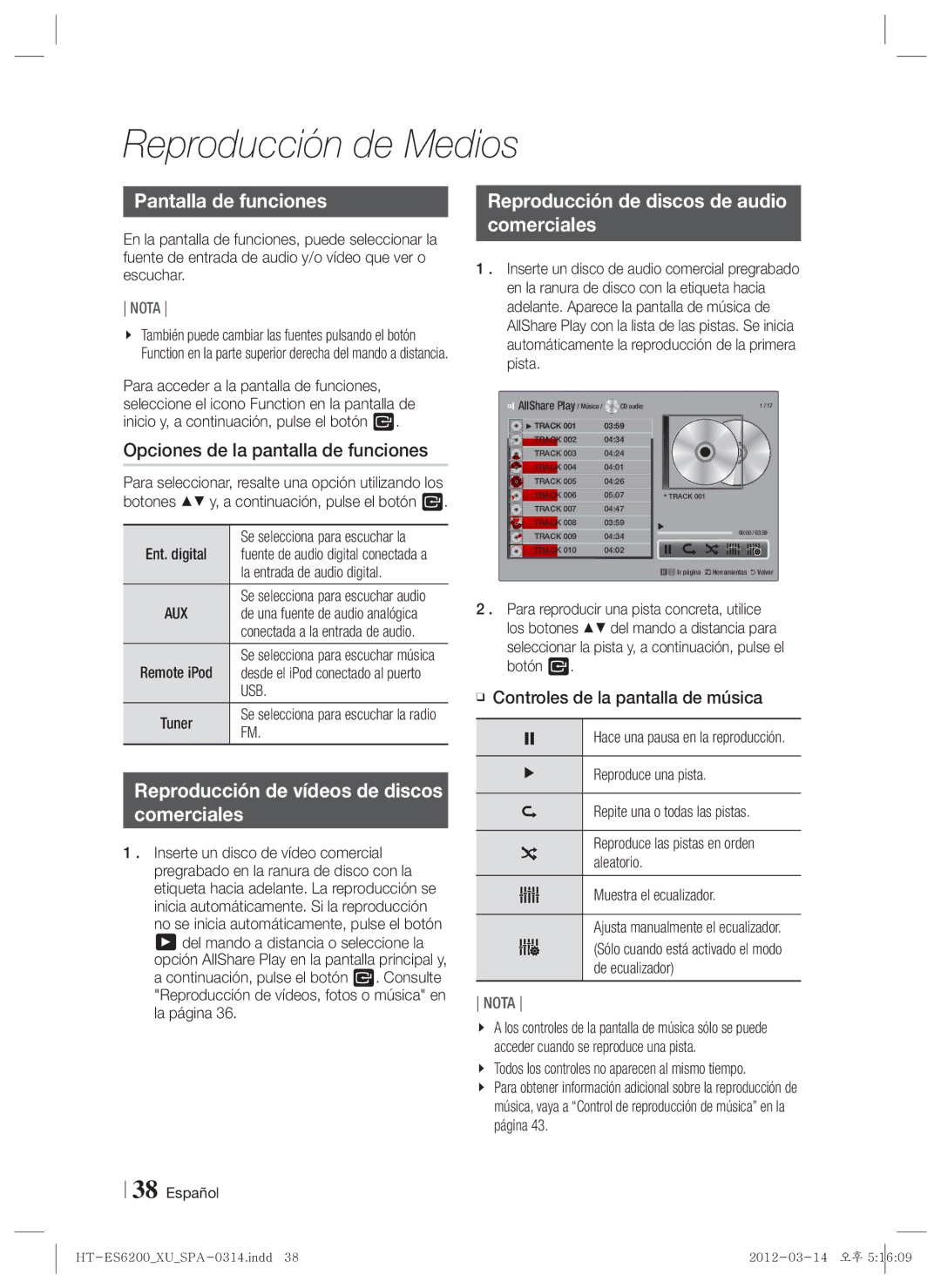 Samsung HT-ES6200/ZF manual Pantalla de funciones, Opciones de la pantalla de funciones, Controles de la pantalla de música 