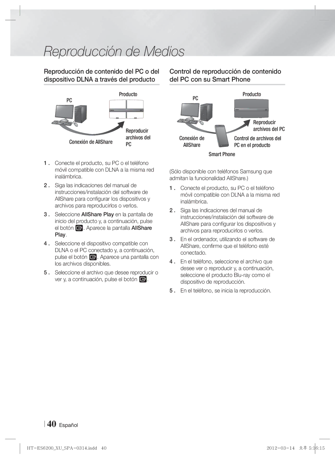 Samsung HT-ES6200/ZF, HT-ES6600/ZF manual En el teléfono, se inicia la reproducción, Reproducir, Conexión de AllShare 