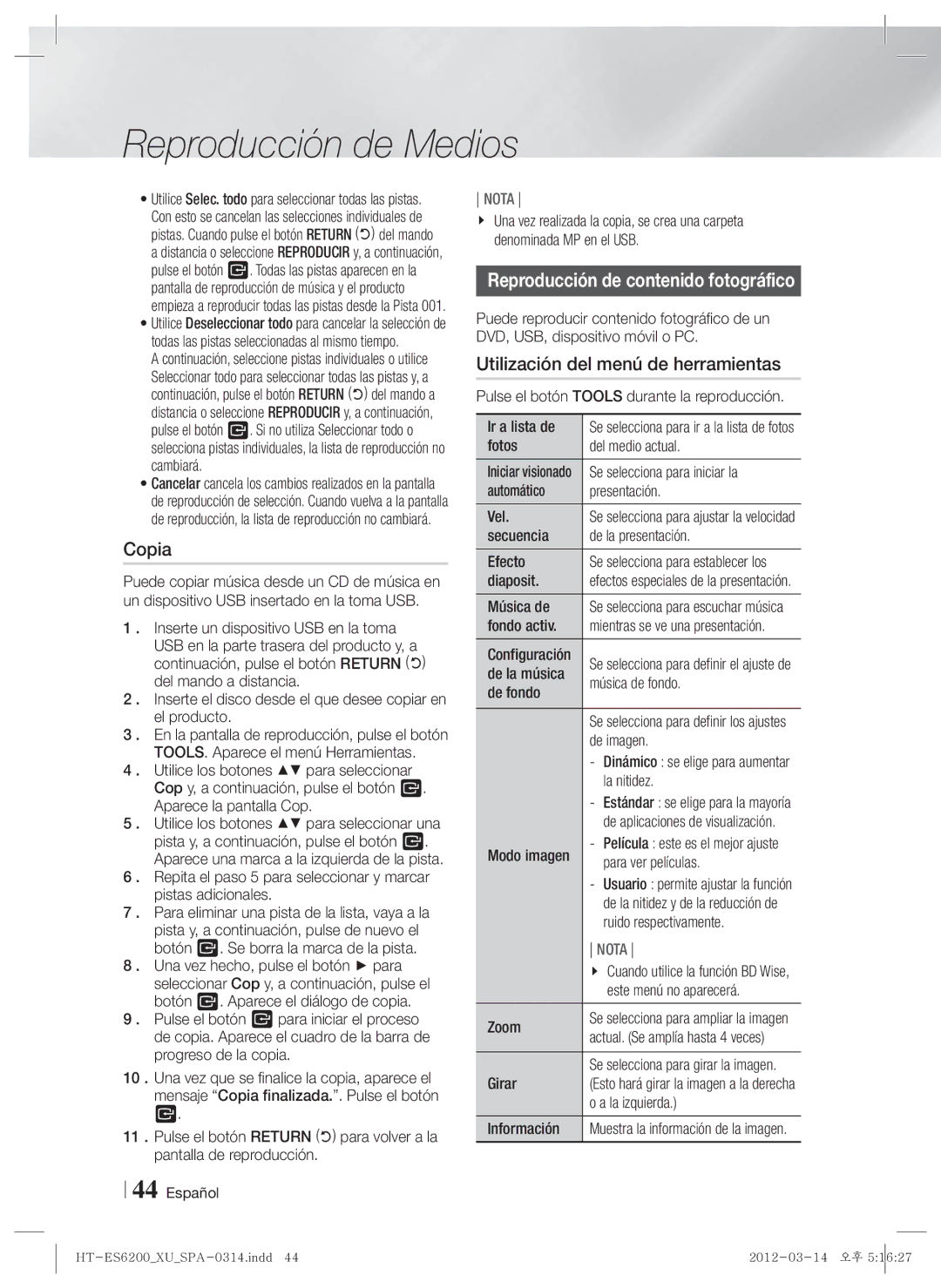 Samsung HT-ES6200/ZF, HT-ES6600/ZF manual Copia, Reproducción de contenido fotográfico, Utilización del menú de herramientas 