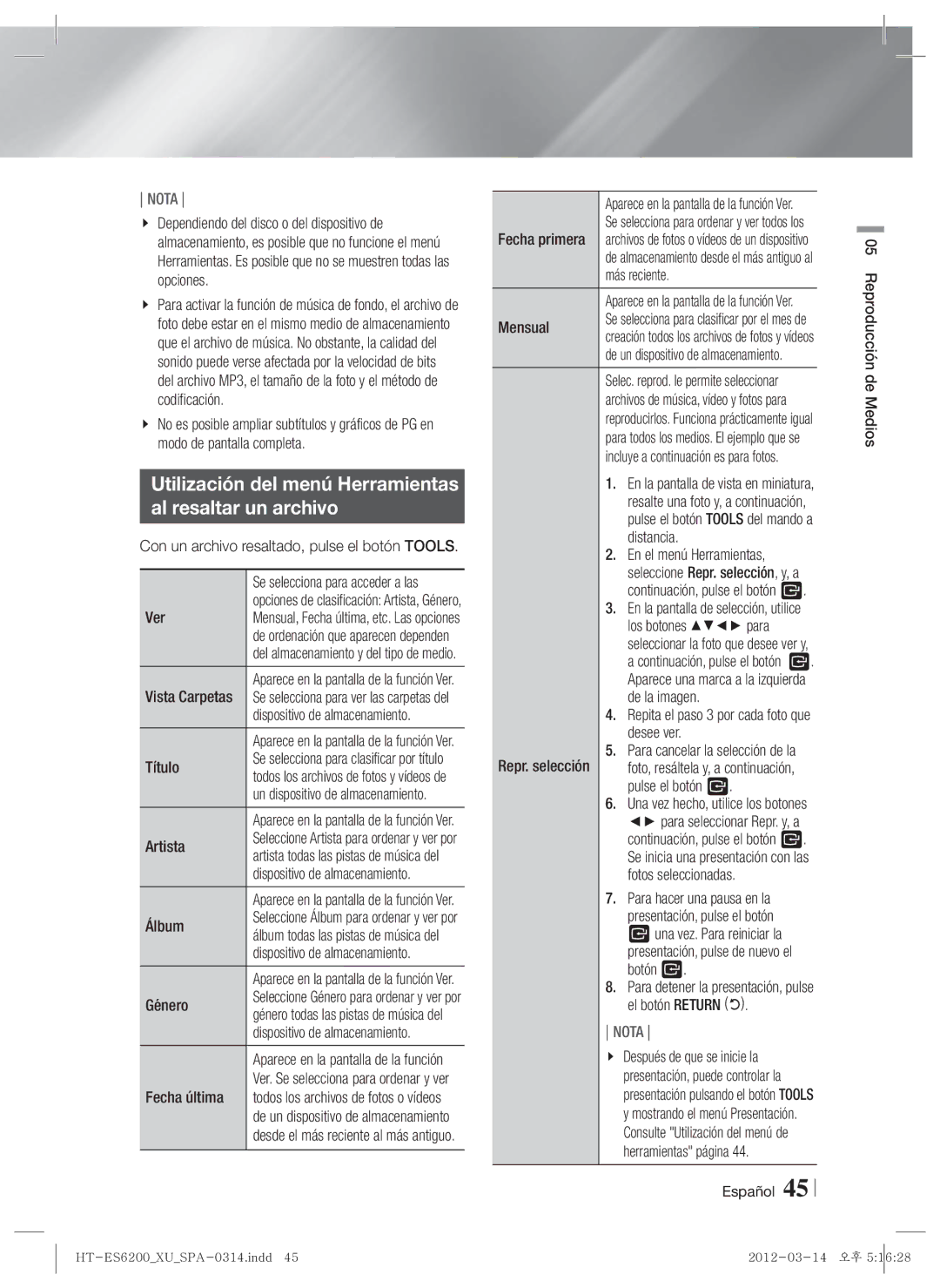 Samsung HT-ES6600/ZF, HT-ES6200/ZF manual Utilización del menú Herramientas Al resaltar un archivo 