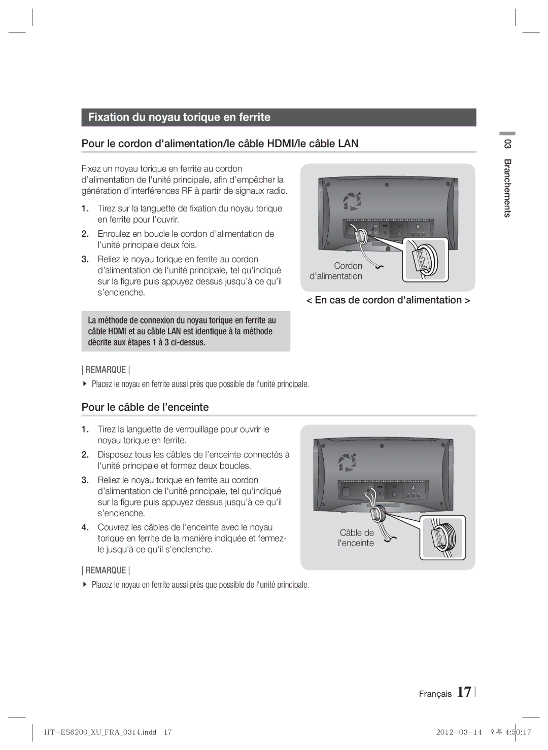 Samsung HT-ES6600/ZF manual Fixation du noyau torique en ferrite, Pour le cordon dalimentation/le câble HDMI/le câble LAN 