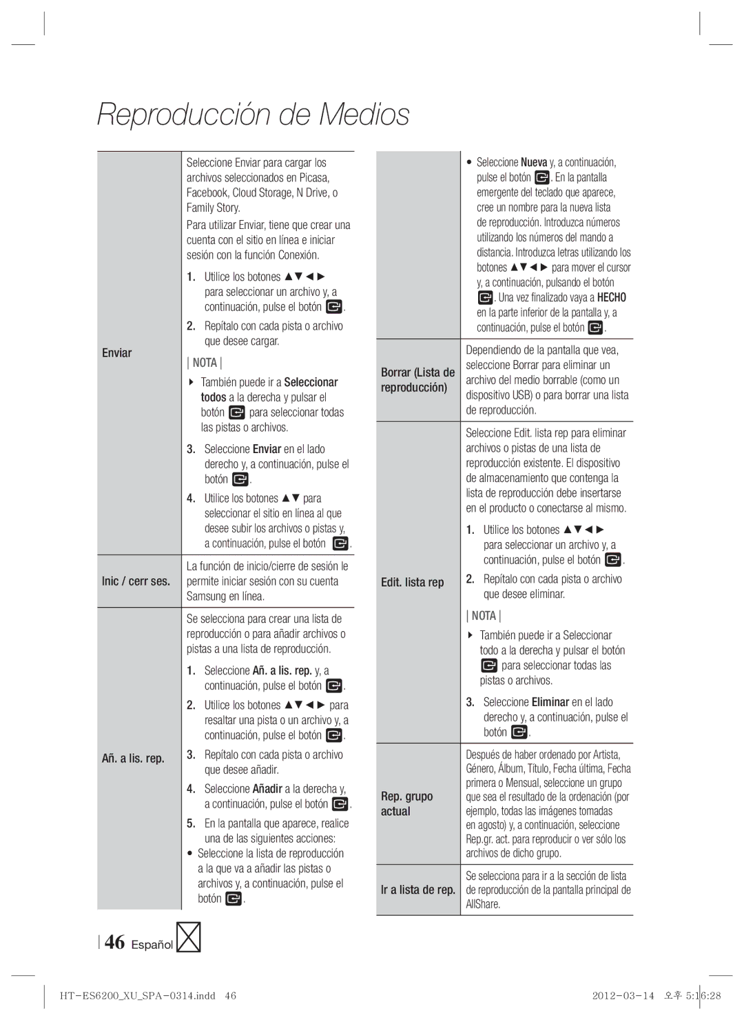 Samsung HT-ES6200/ZF Enviar Que desee cargar, Las pistas o archivos, Samsung en línea, Añ. a lis. rep, Que desee añadir 