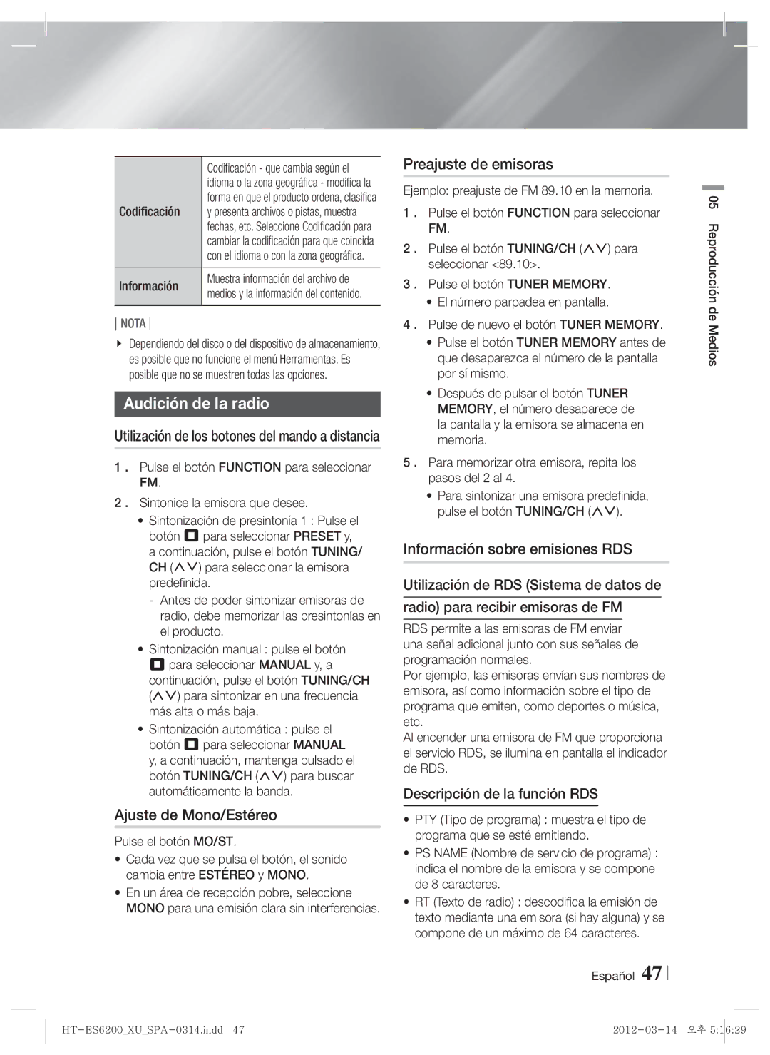 Samsung HT-ES6600/ZF Audición de la radio, Ajuste de Mono/Estéreo, Preajuste de emisoras, Información sobre emisiones RDS 