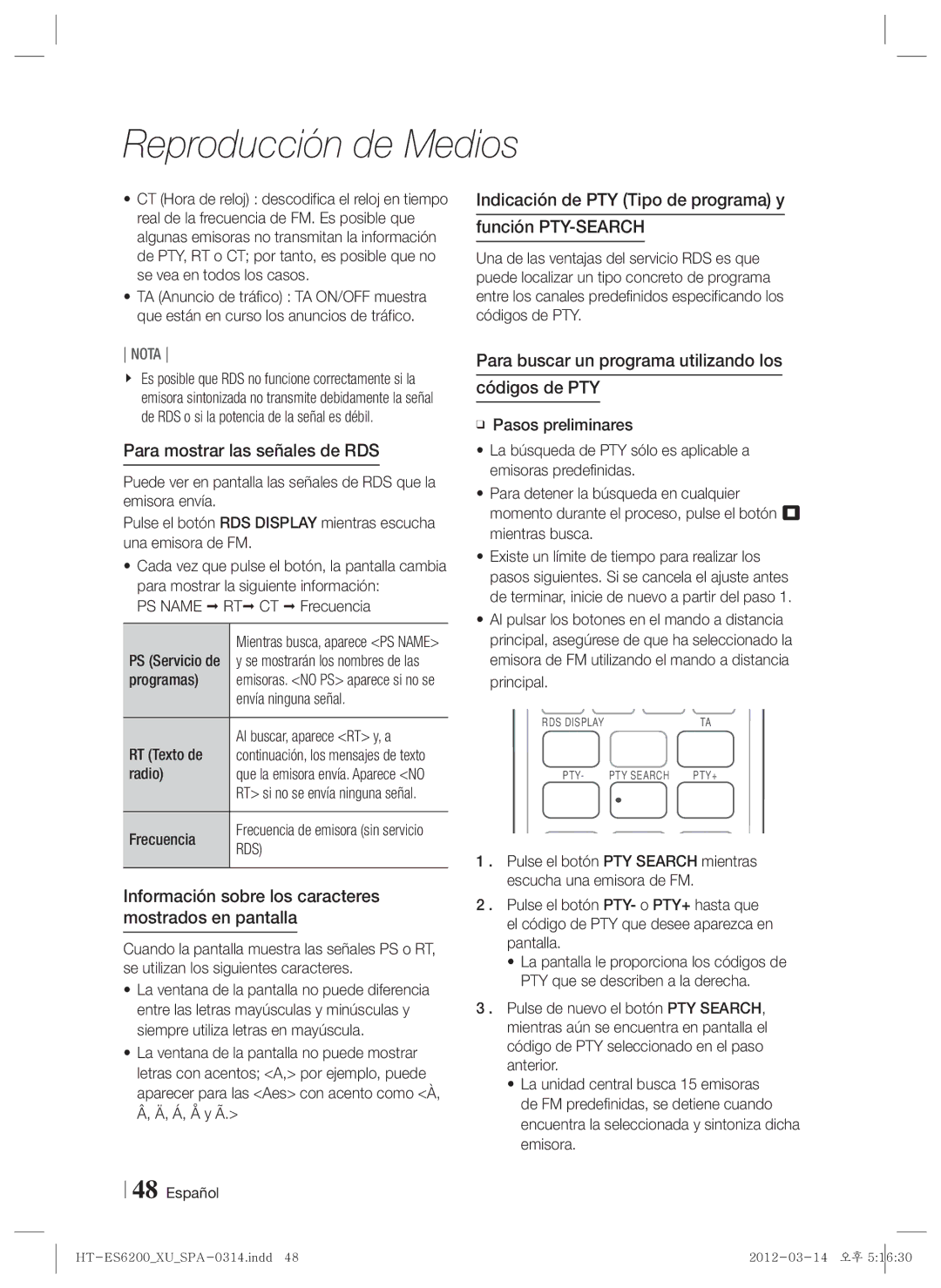 Samsung HT-ES6200/ZF manual Para mostrar las señales de RDS, Indicación de PTY Tipo de programa y Función PTY-SEARCH, Rds 