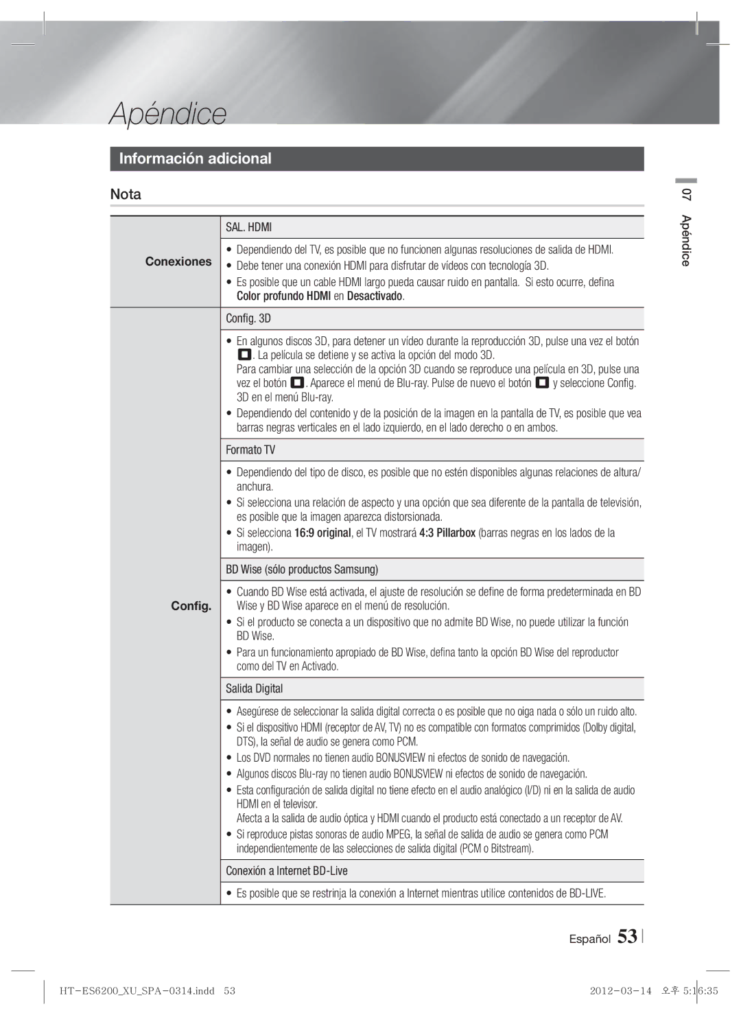 Samsung HT-ES6600/ZF, HT-ES6200/ZF manual Información adicional, SAL. Hdmi, Conexión a Internet BD-Live, 07 Apéndice 