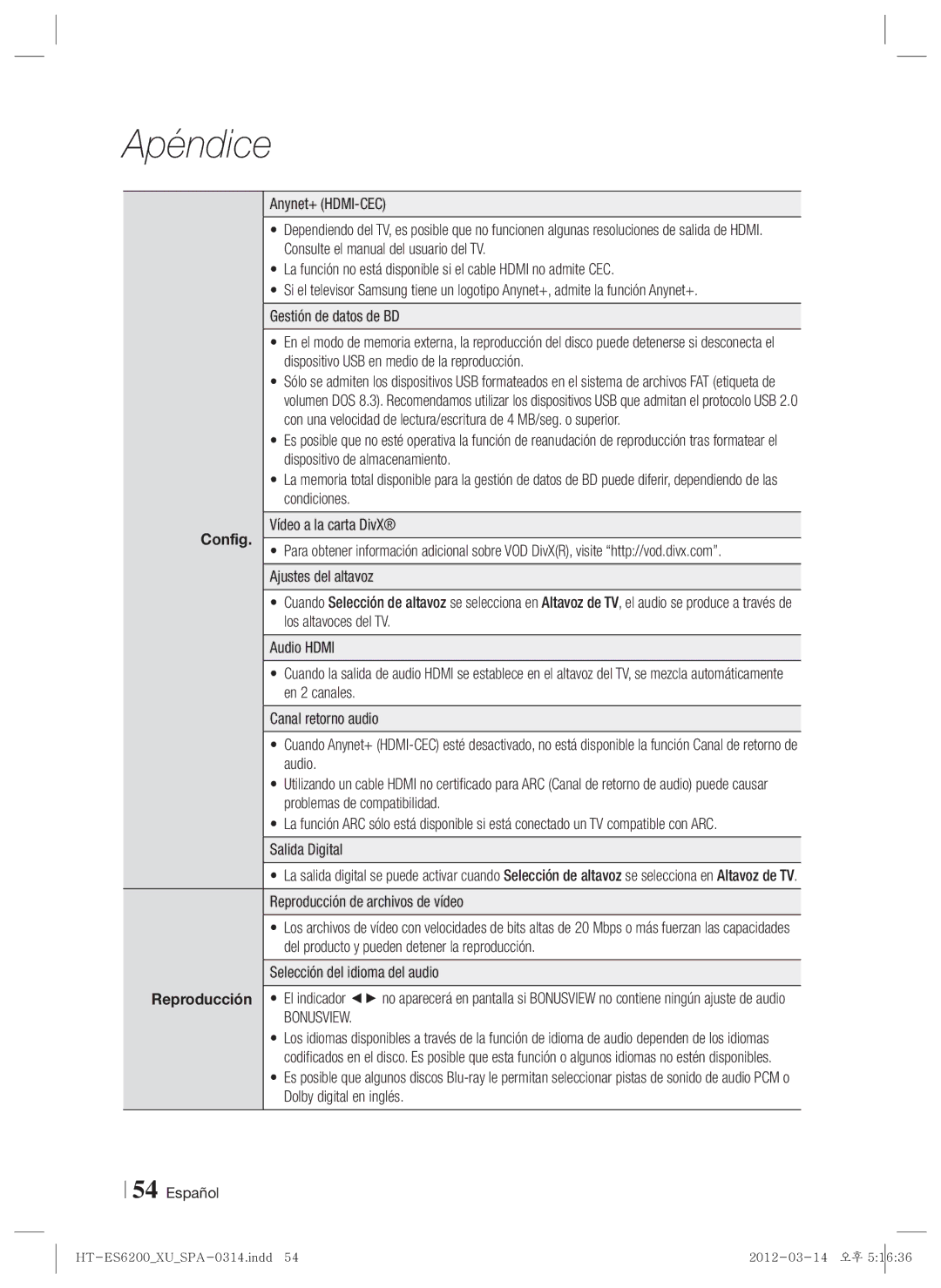 Samsung HT-ES6200/ZF, HT-ES6600/ZF manual Config, Reproducción de archivos de vídeo, Selección del idioma del audio 