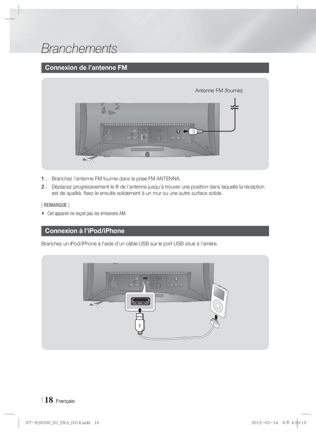 Samsung HT-ES6200/ZF Connexion de l’antenne FM, Connexion à l’iPod/iPhone, Cet appareil ne reçoit pas les émissions AM 