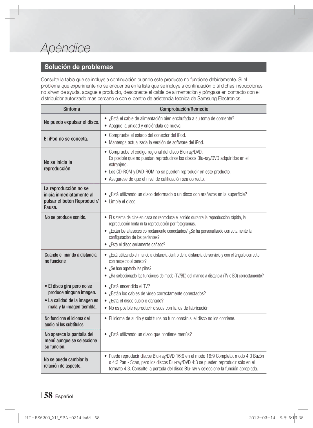 Samsung HT-ES6200/ZF, HT-ES6600/ZF manual Solución de problemas 