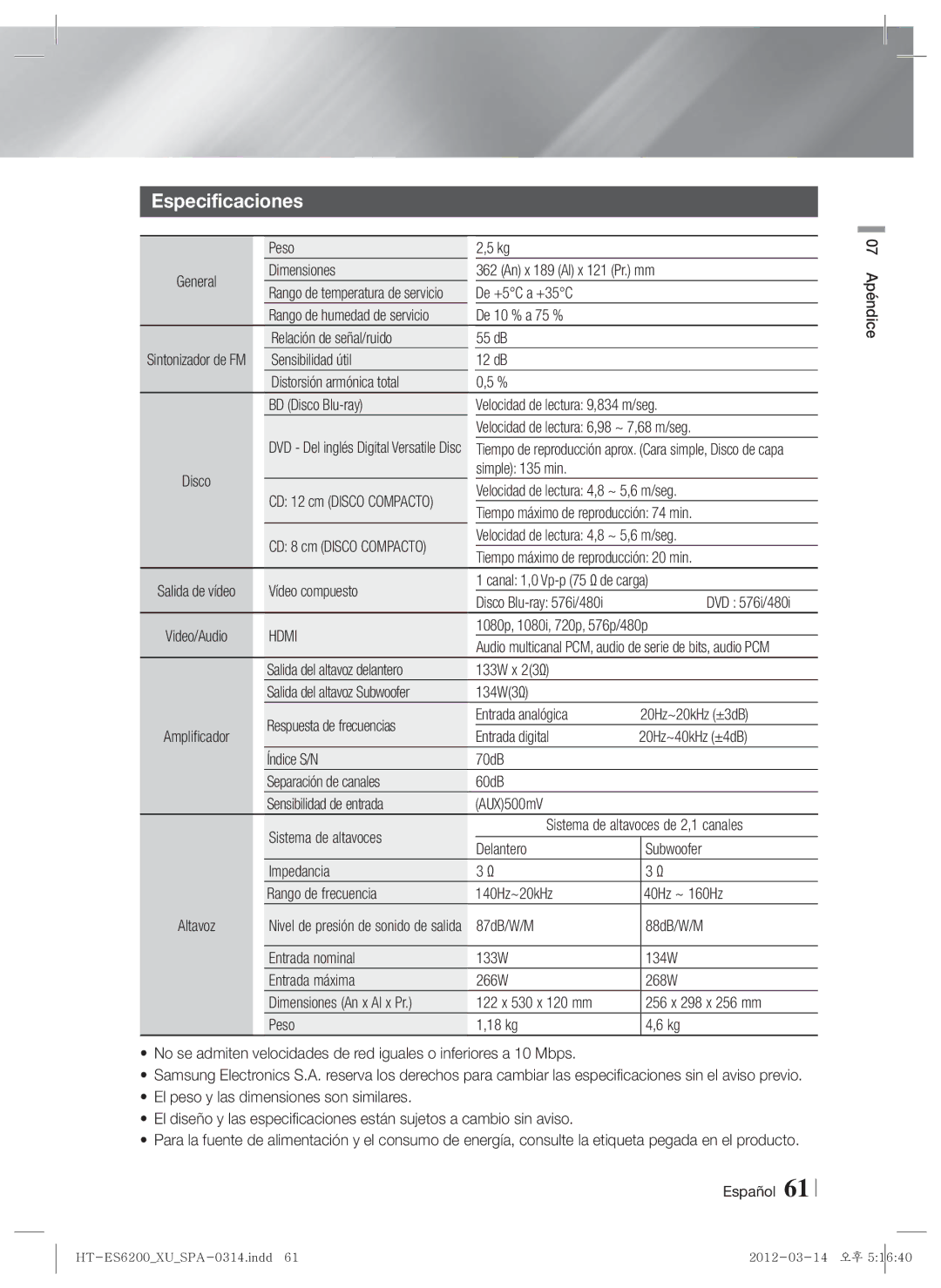 Samsung HT-ES6600/ZF, HT-ES6200/ZF manual Especificaciones 