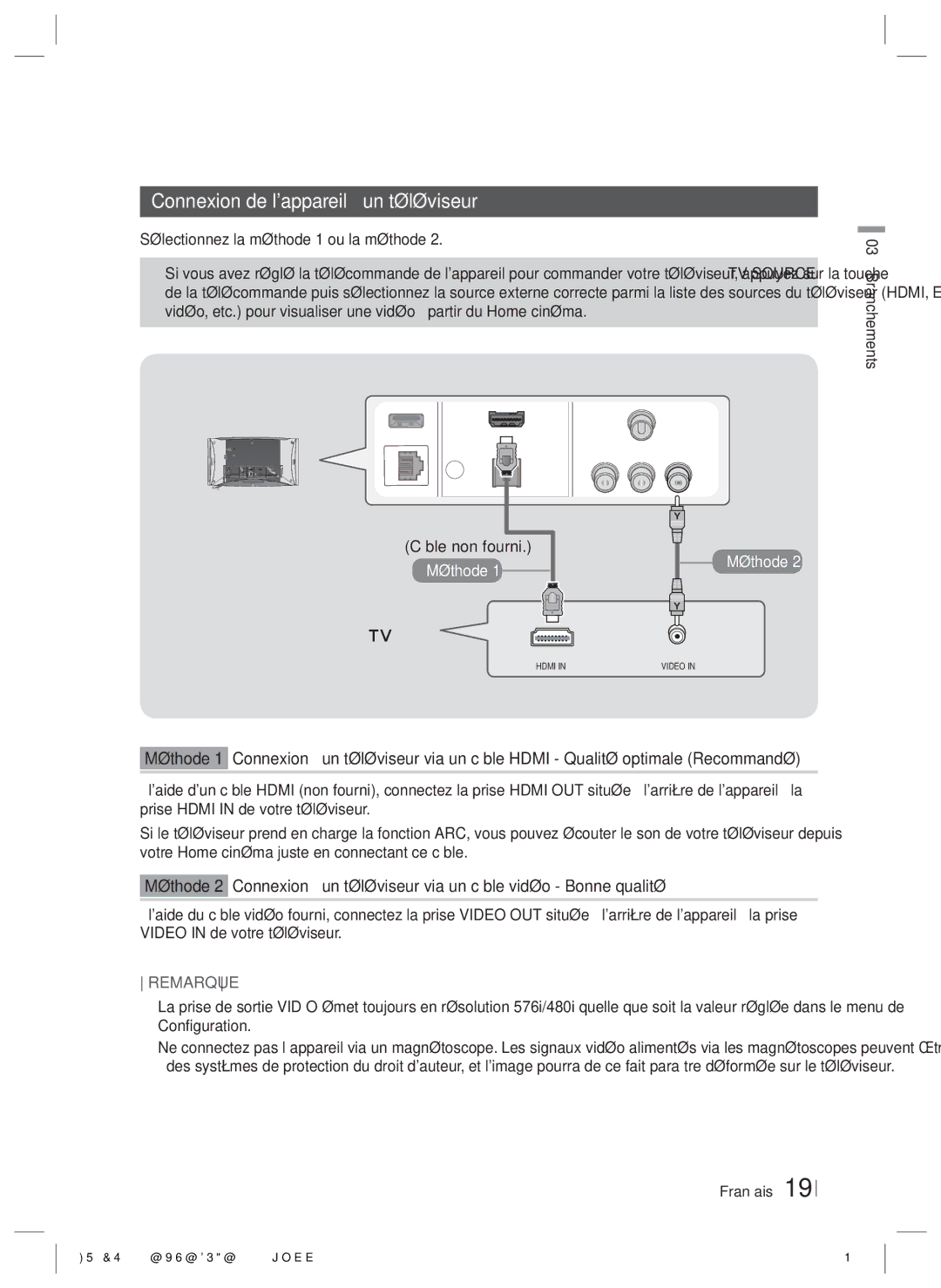 Samsung HT-ES6600/ZF, HT-ES6200/ZF manual Connexion de lappareil à un téléviseur, Sélectionnez la méthode 1 ou la méthode 