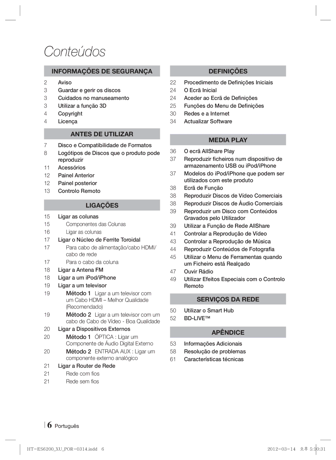 Samsung HT-ES6200/ZF, HT-ES6600/ZF manual Conteúdos, Ligar a Dispositivos Externos, Utilizar o Smart Hub 