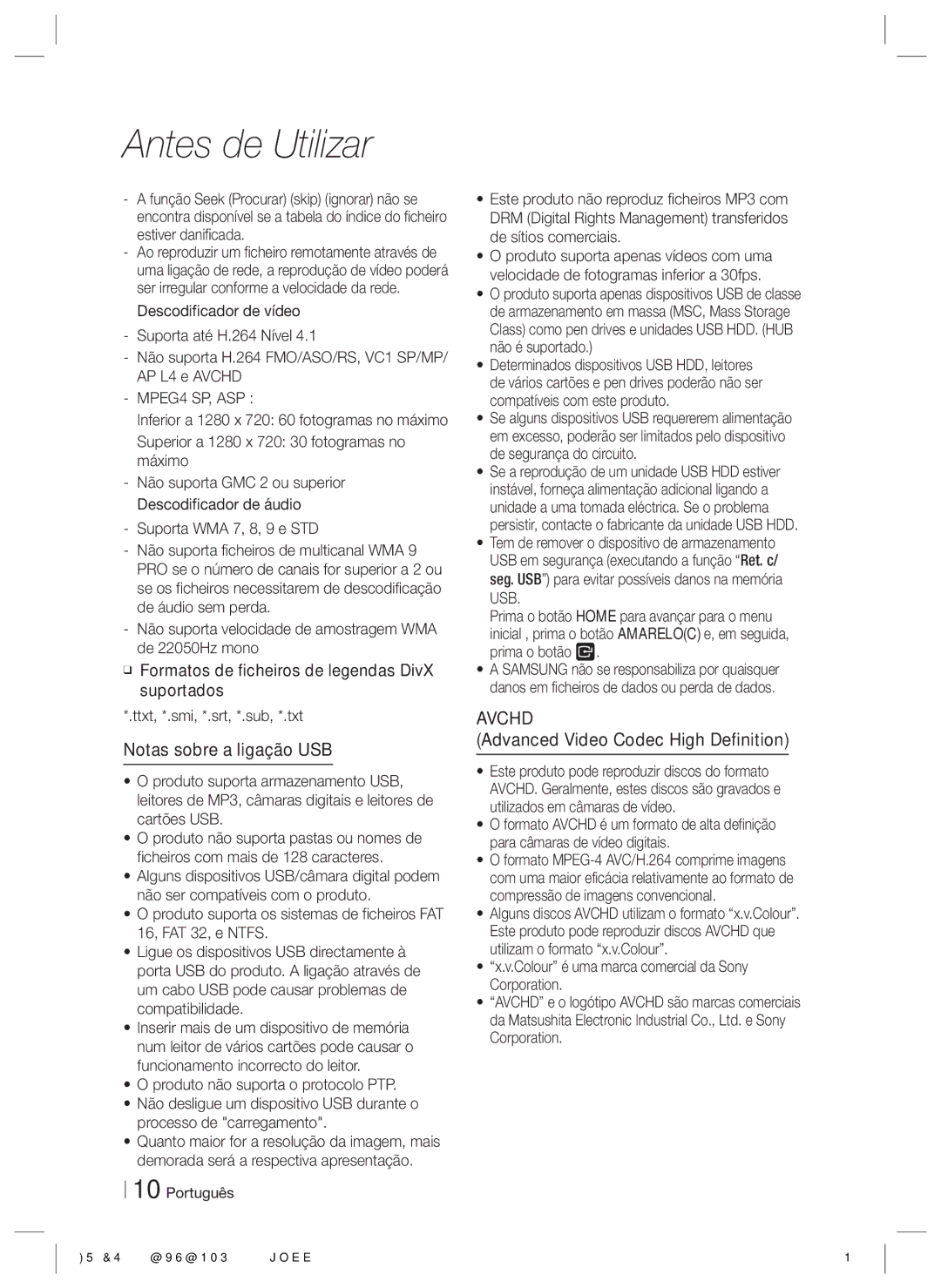 Samsung HT-ES6200/ZF, HT-ES6600/ZF manual Notas sobre a ligação USB, Colour é uma marca comercial da Sony Corporation 