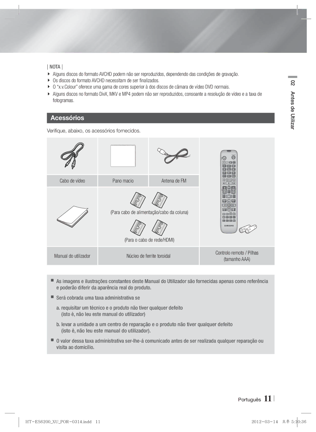 Samsung HT-ES6600/ZF, HT-ES6200/ZF manual Acessórios, Verifique, abaixo, os acessórios fornecidos, Pano macio Antena de FM 