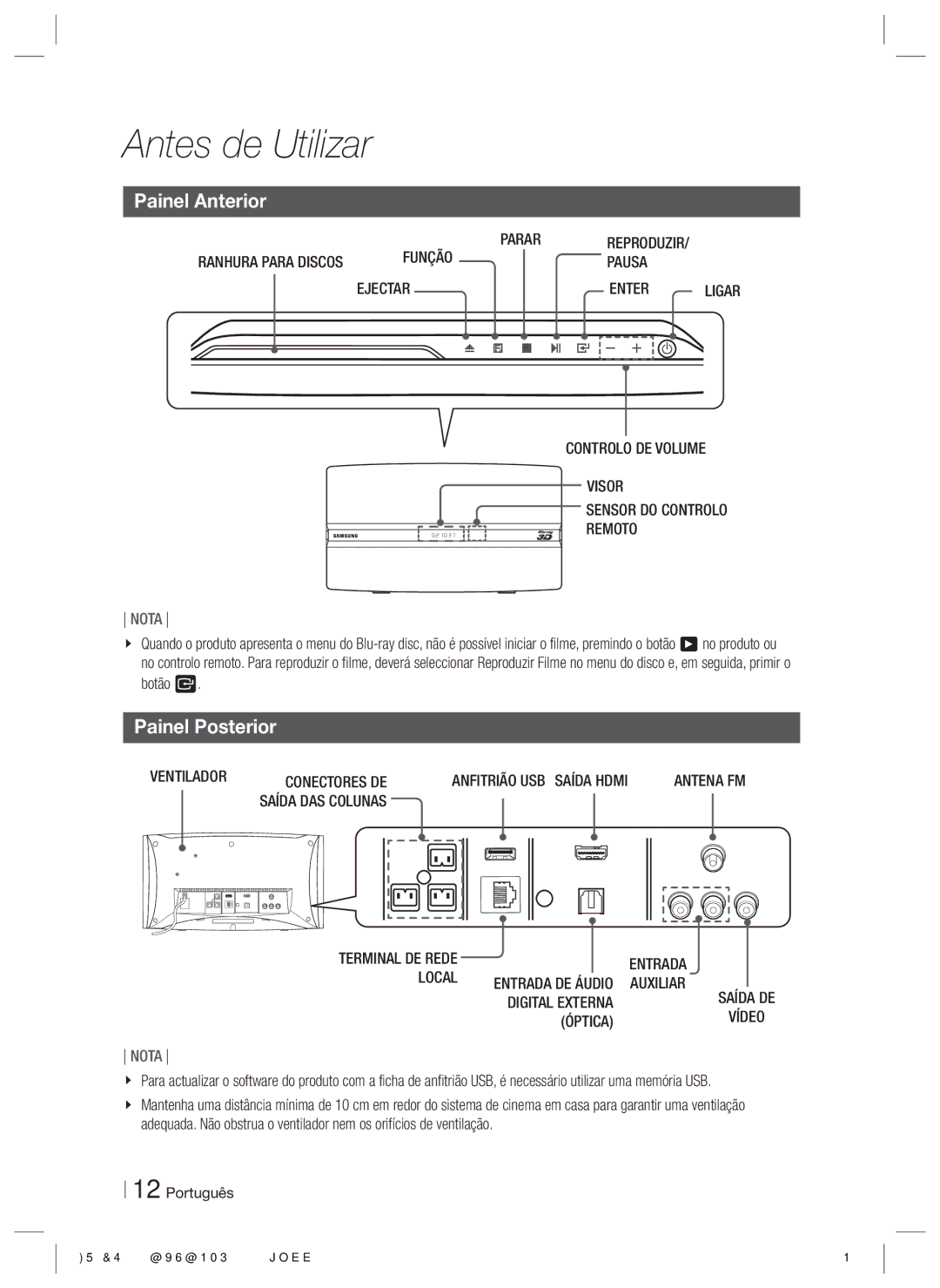 Samsung HT-ES6200/ZF, HT-ES6600/ZF manual Painel Anterior, Painel Posterior 