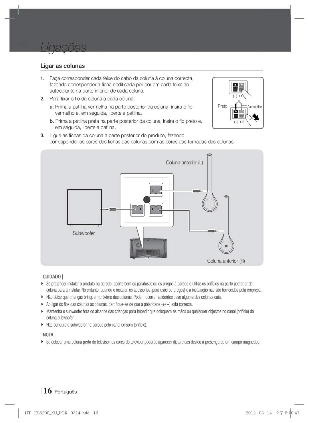 Samsung HT-ES6200/ZF, HT-ES6600/ZF manual Ligar as colunas, Coluna anterior L, Coluna anterior R, Vermelho 