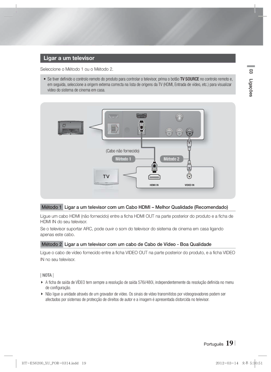 Samsung HT-ES6600/ZF manual Ligar a um televisor, Seleccione o Método 1 ou o Método, Cabo não fornecido, No seu televisor 