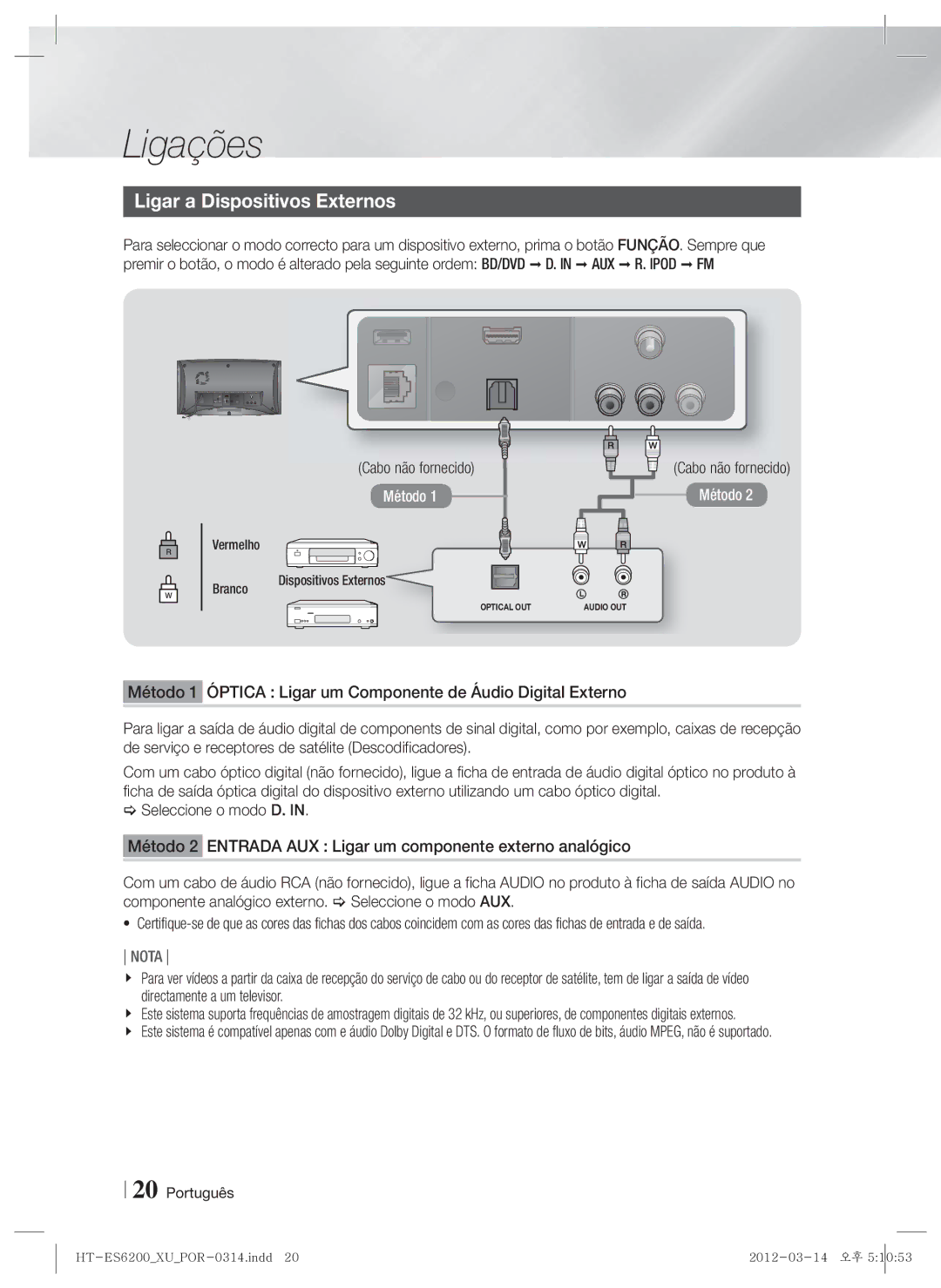 Samsung HT-ES6200/ZF manual Ligar a Dispositivos Externos, Vermelho Cabo não fornecido, Branco Dispositivos Externos 