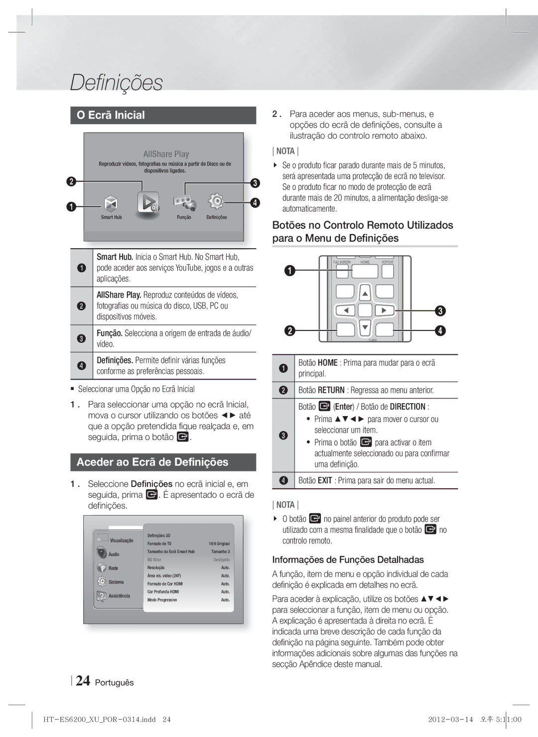 Samsung HT-ES6200/ZF, HT-ES6600/ZF manual Aceder ao Ecrã de Definições,  Seleccionar uma Opção no Ecrã Inicial 