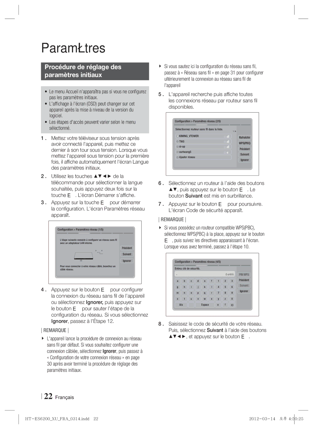 Samsung HT-ES6200/ZF, HT-ES6600/ZF manual Procédure de réglage des Paramètres initiaux 