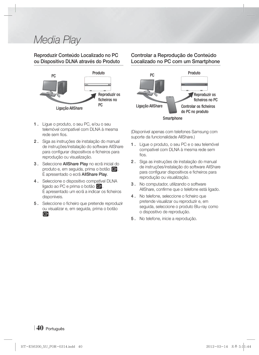 Samsung HT-ES6200/ZF, HT-ES6600/ZF manual Produto, Ligação AllShare, Reproduzir os ficheiros no 