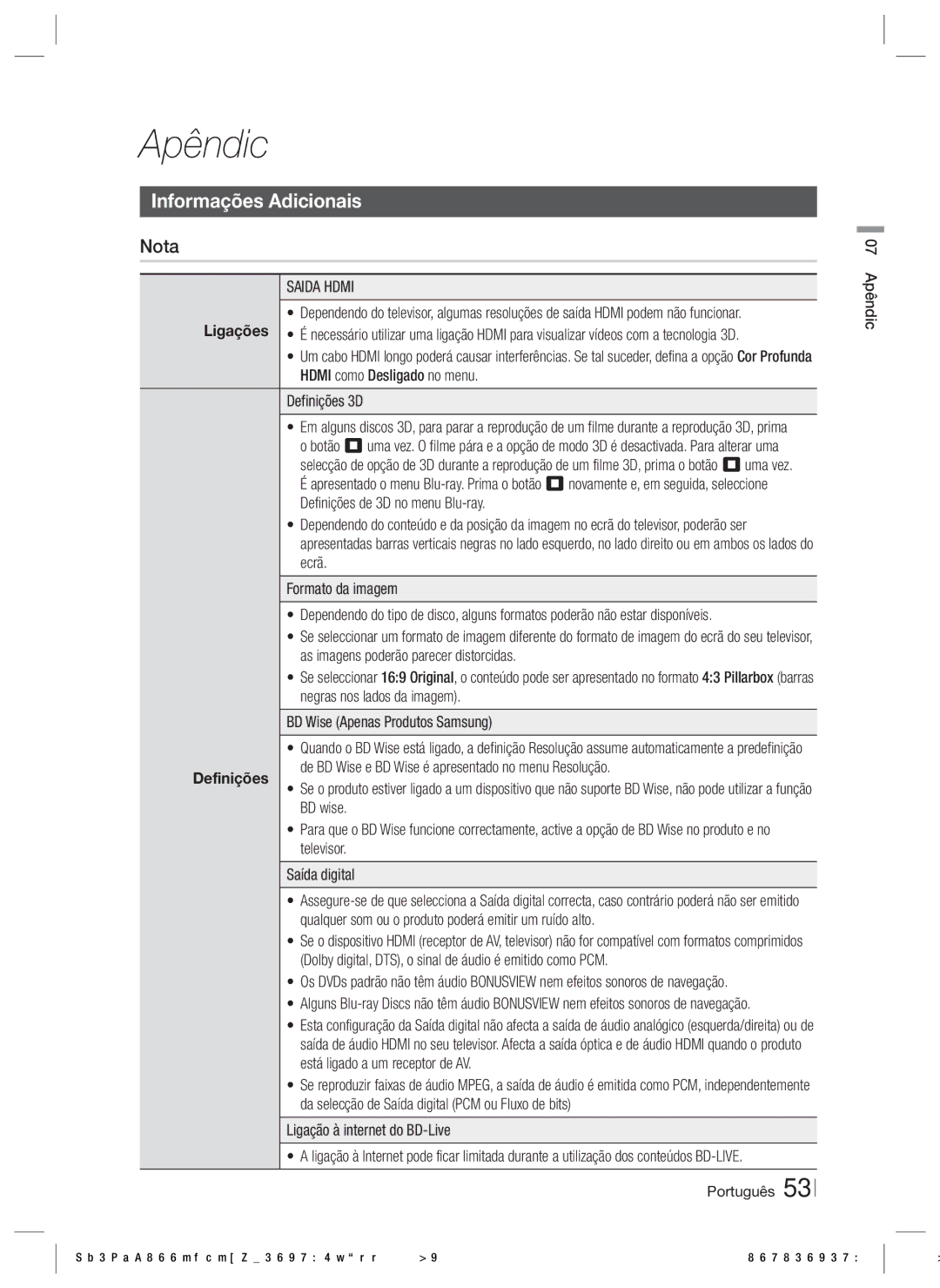 Samsung HT-ES6600/ZF, HT-ES6200/ZF manual Informações Adicionais, Saida Hdmi, Definições, 07 Apêndic 