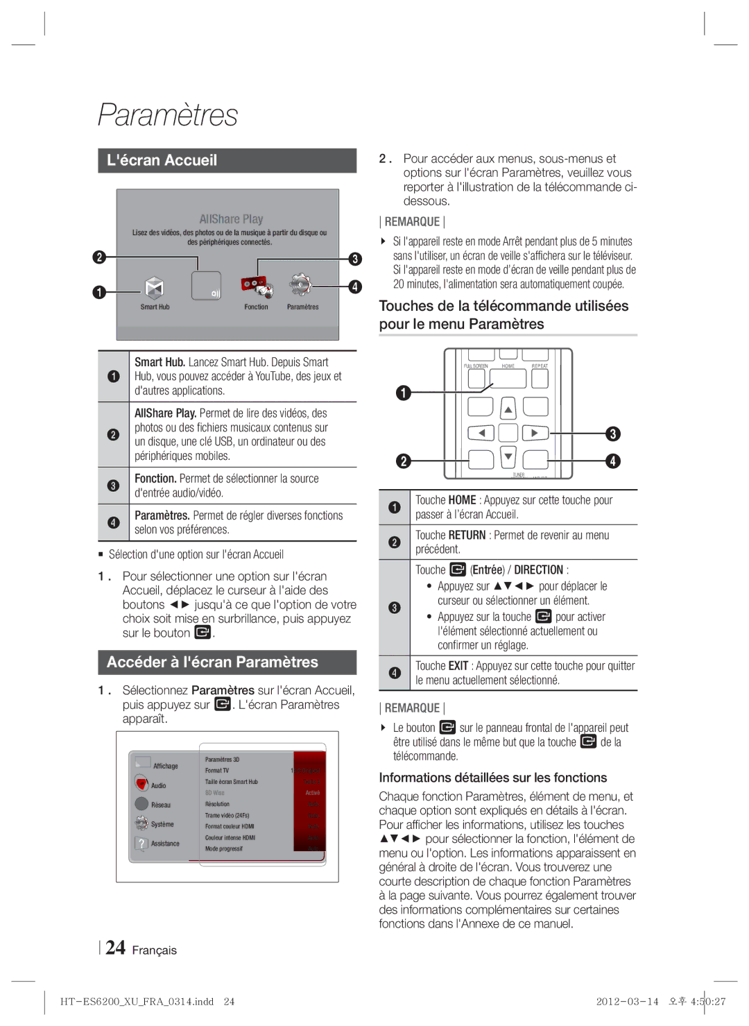 Samsung HT-ES6200/ZF, HT-ES6600/ZF manual Lécran Accueil, Accéder à lécran Paramètres 