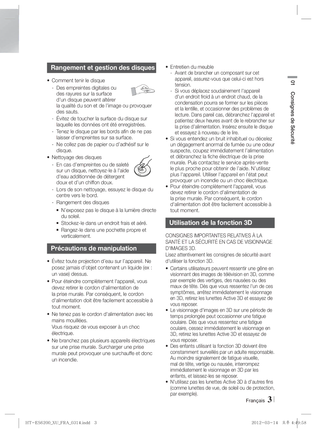 Samsung HT-ES6600/ZF manual Rangement et gestion des disques, Précautions de manipulation, Utilisation de la fonction 3D 