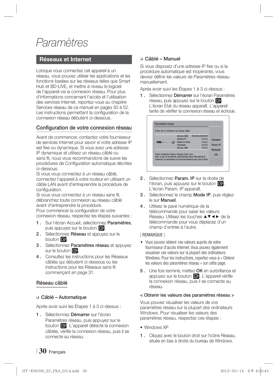 Samsung HT-ES6200/ZF, HT-ES6600/ZF Réseaux et Internet, Configuration de votre connexion réseau, Réseau câblé, Windows XP 