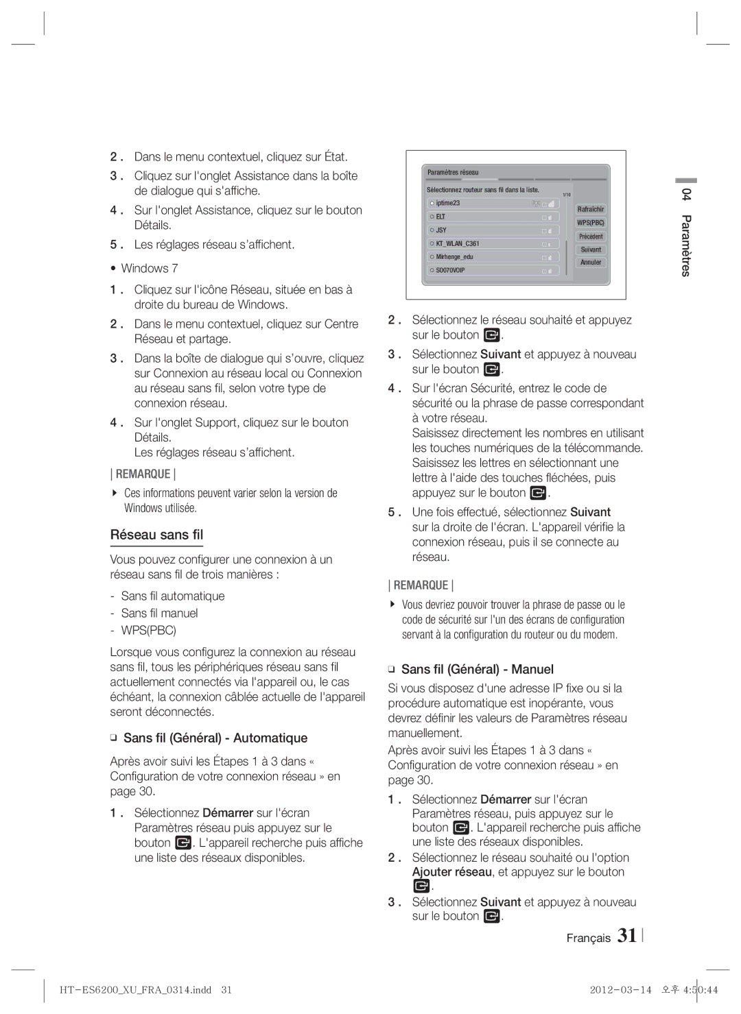 Samsung HT-ES6600/ZF, HT-ES6200/ZF manual Réseau sans fil, Wpspbc 