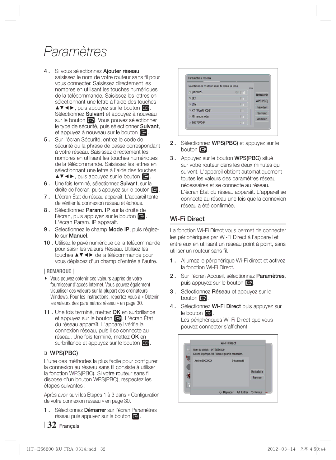 Samsung HT-ES6200/ZF, HT-ES6600/ZF manual Wi-Fi Direct, Sélectionnez Wpspbc et appuyez sur le bouton E 