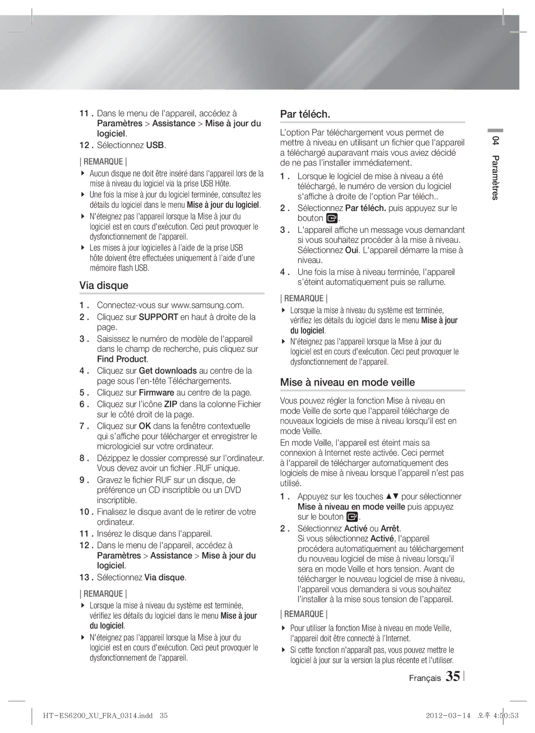 Samsung HT-ES6600/ZF, HT-ES6200/ZF manual Via disque, Par téléch, Mise à niveau en mode veille 