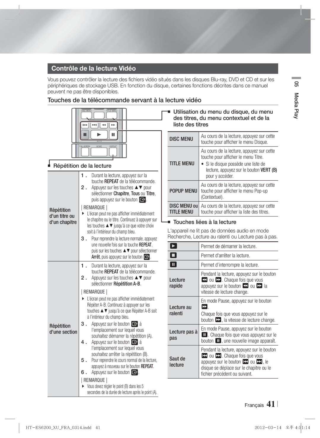 Samsung HT-ES6600/ZF manual Contrôle de la lecture Vidéo, Touches de la télécommande servant à la lecture vidéo, Disc Menu 