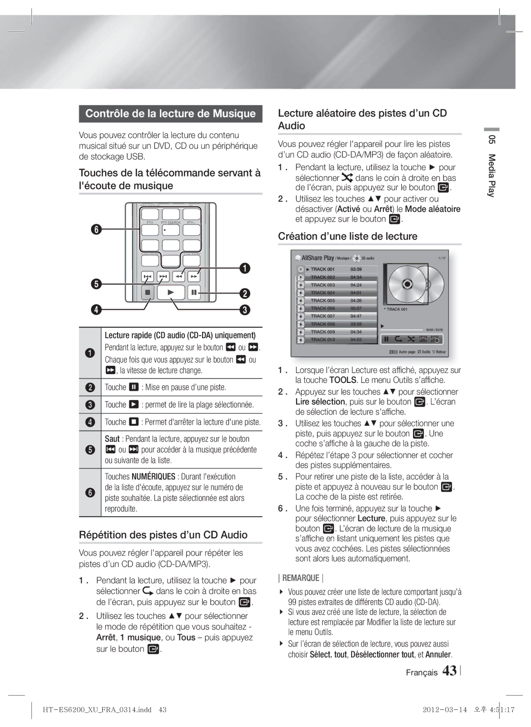 Samsung HT-ES6600/ZF manual Contrôle de la lecture de Musique, Touches de la télécommande servant à lécoute de musique 