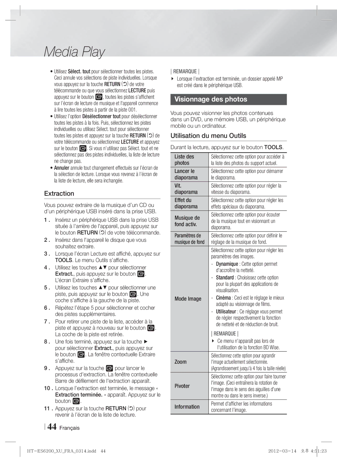 Samsung HT-ES6200/ZF, HT-ES6600/ZF manual Extraction, Visionnage des photos 