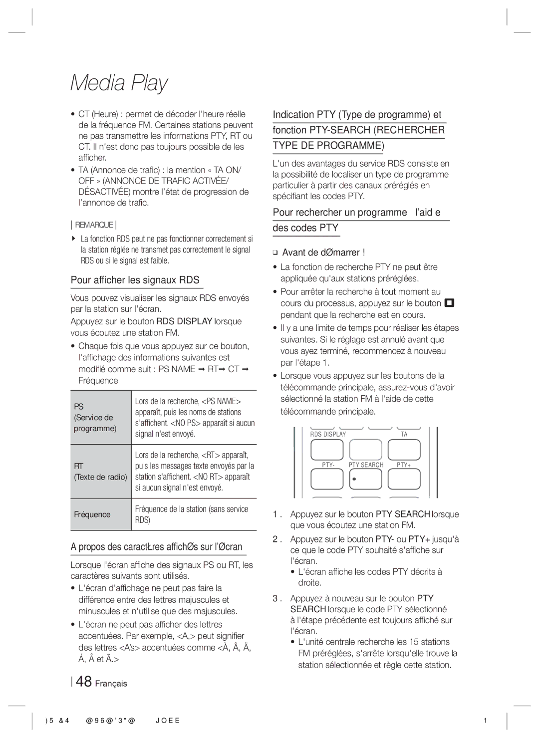 Samsung HT-ES6200/ZF, HT-ES6600/ZF manual Pour afficher les signaux RDS, Pour rechercher un programme à laid e Des codes PTY 