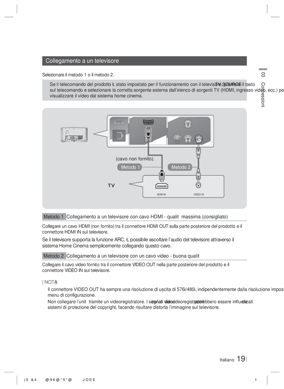 Samsung HT-ES6600/ZF, HT-ES6200/ZF Collegamento a un televisore, Selezionare il metodo 1 o il metodo, Cavo non fornito 