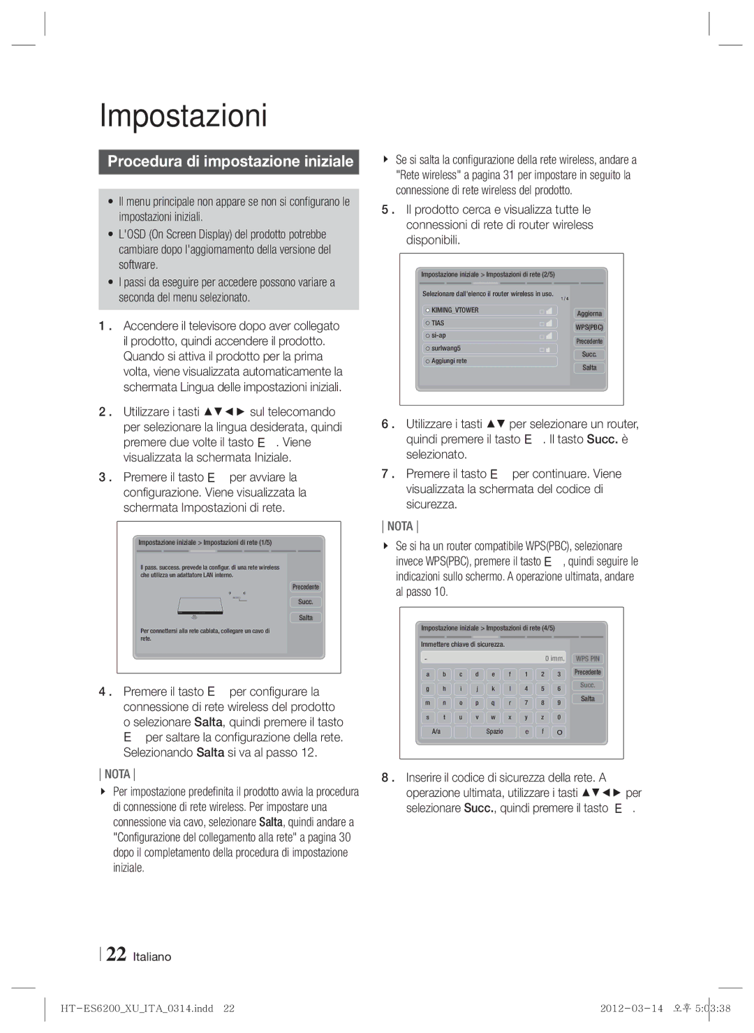 Samsung HT-ES6200/ZF, HT-ES6600/ZF manual Impostazioni, Procedura di impostazione iniziale 