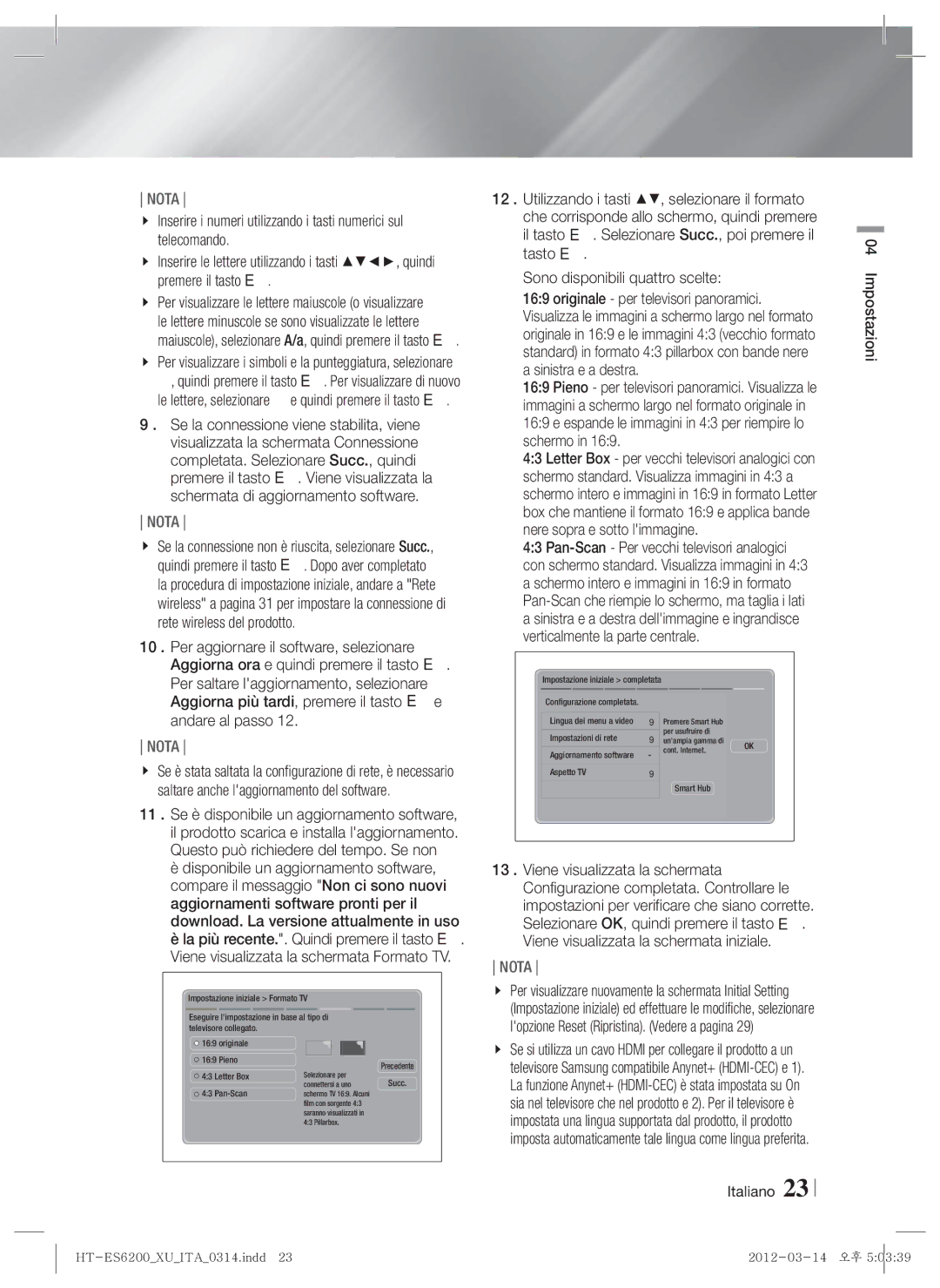 Samsung HT-ES6600/ZF, HT-ES6200/ZF manual Italiano Impostazioni 