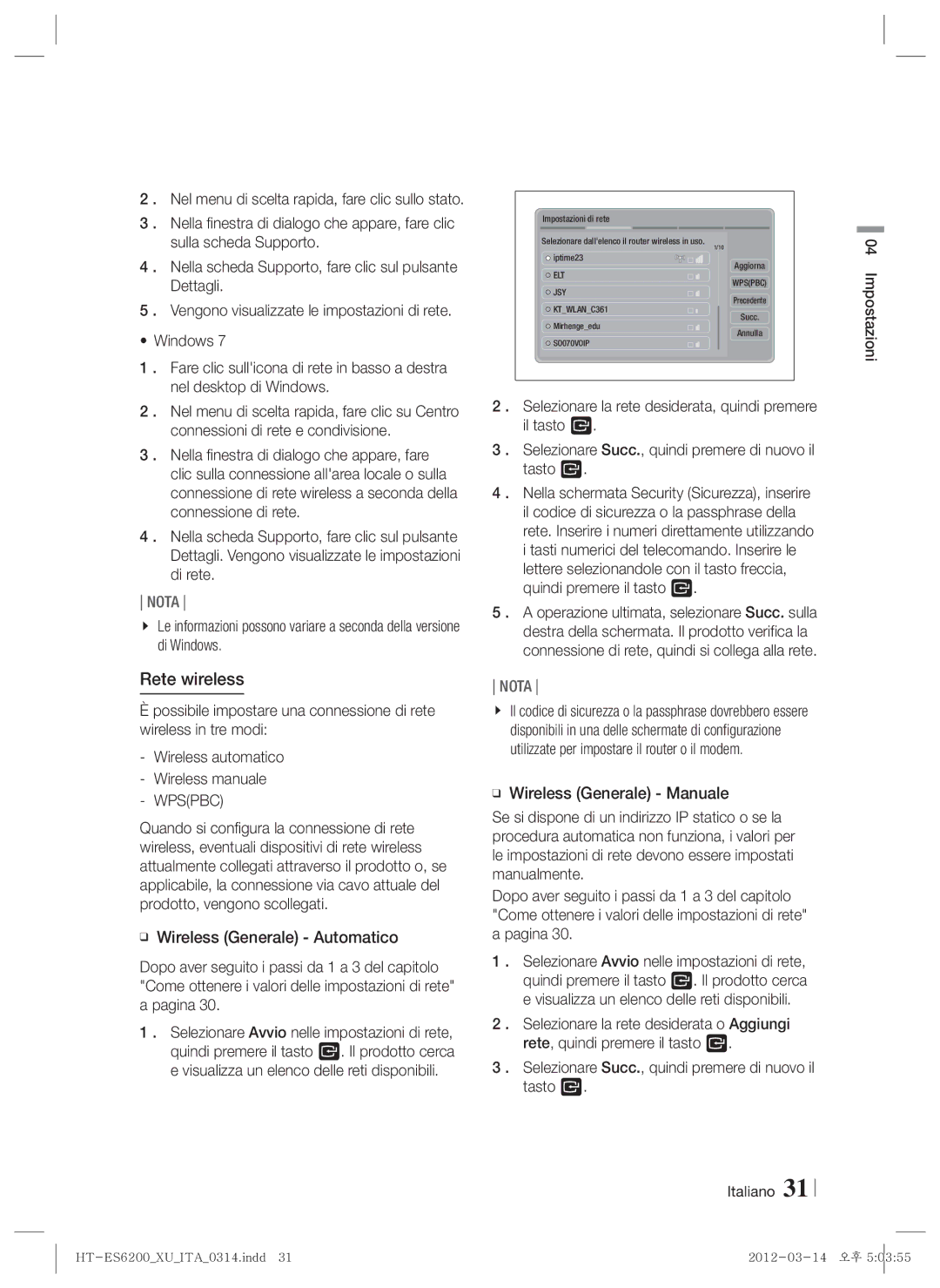 Samsung HT-ES6600/ZF, HT-ES6200/ZF manual Rete wireless, Wpspbc 