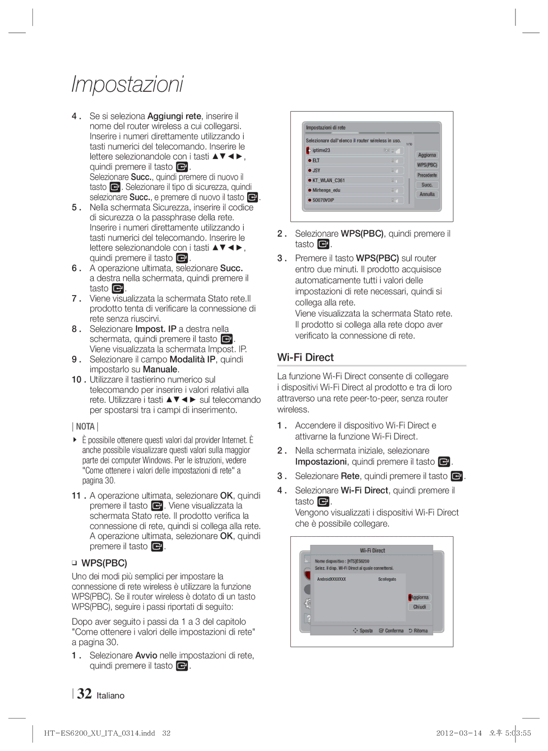 Samsung HT-ES6200/ZF, HT-ES6600/ZF manual Wi-Fi Direct, Operazione ultimata, selezionare OK, quindi 