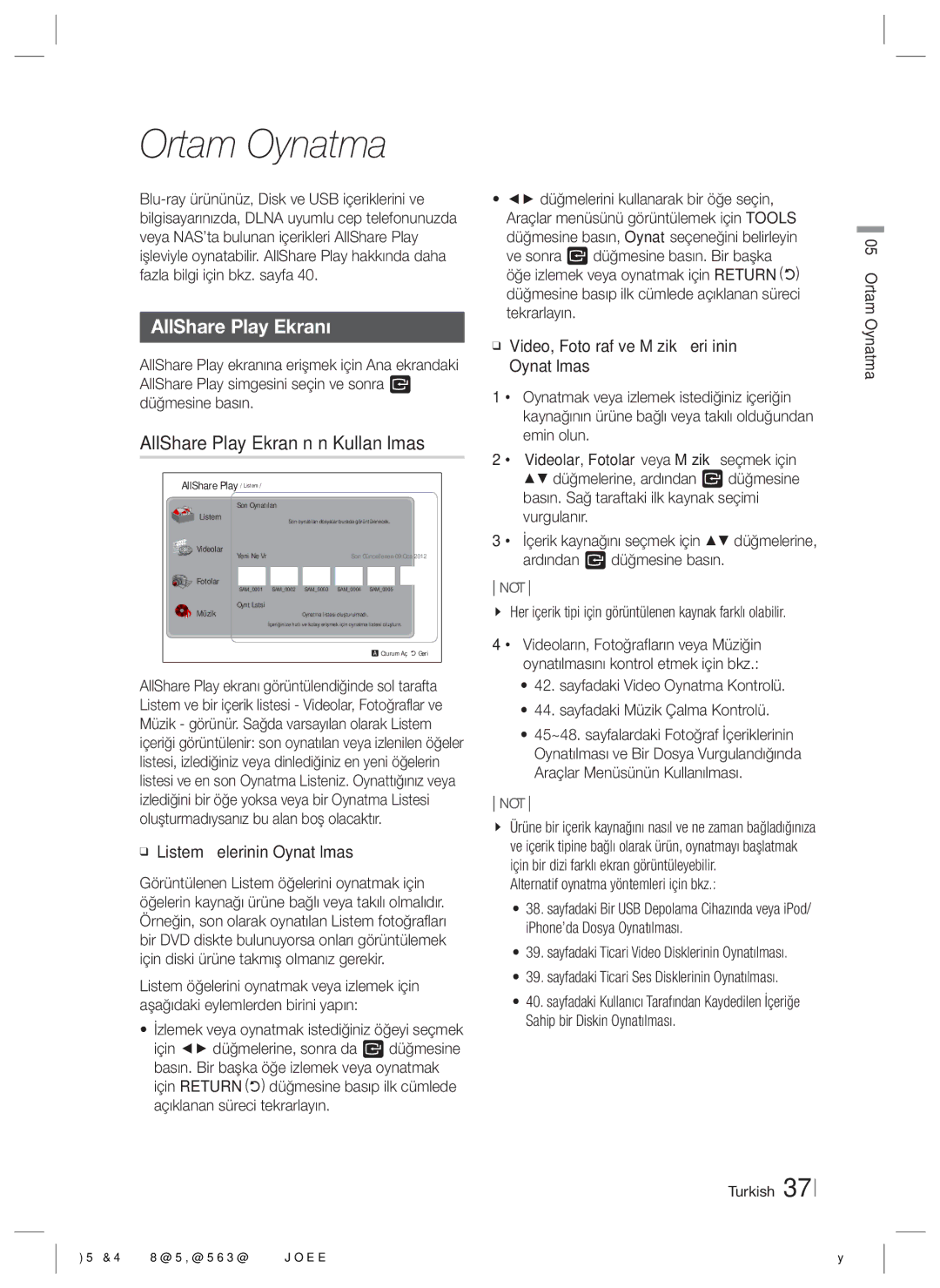 Samsung HT-ES6550W/TK manual Ortam Oynatma, AllShare Play Ekranının Kullanılması 