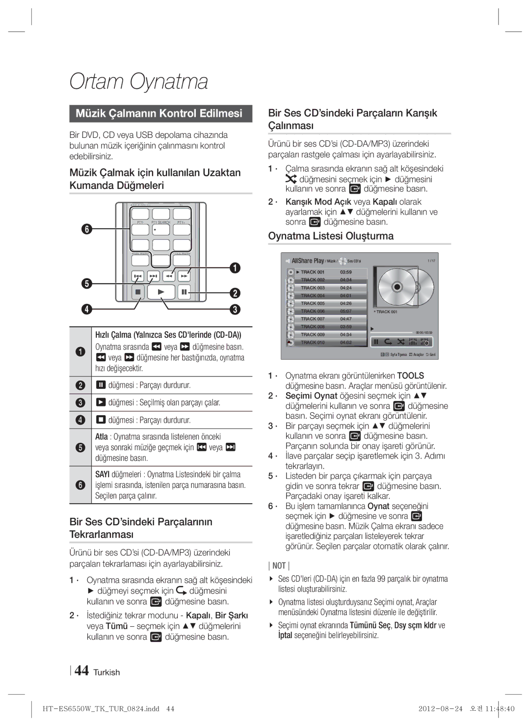 Samsung HT-ES6550W/TK manual Müzik Çalmanın Kontrol Edilmesi, Müzik Çalmak için kullanılan Uzaktan Kumanda Düğmeleri 