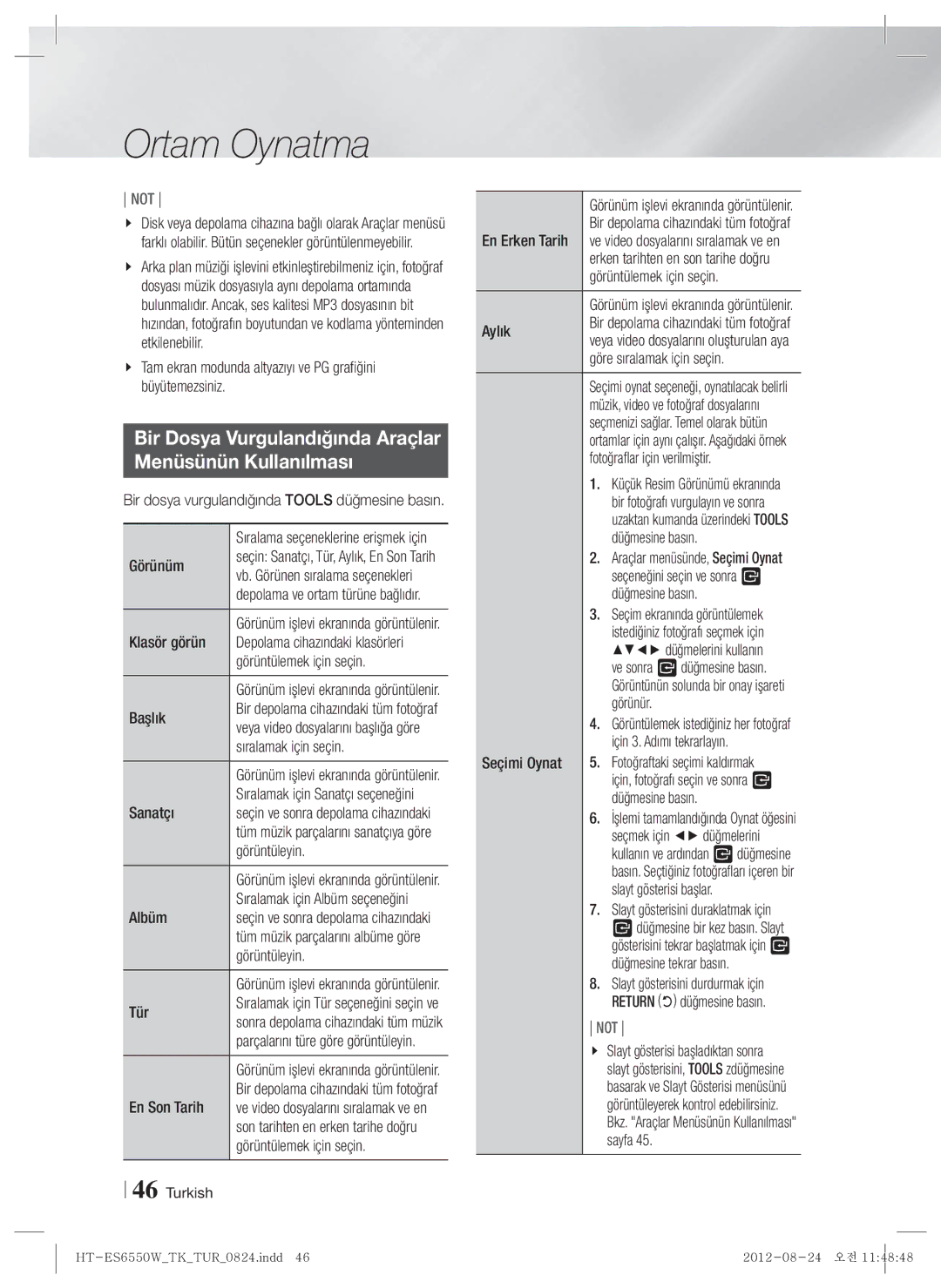 Samsung HT-ES6550W/TK manual Bir Dosya Vurgulandığında Araçlar Menüsünün Kullanılması 